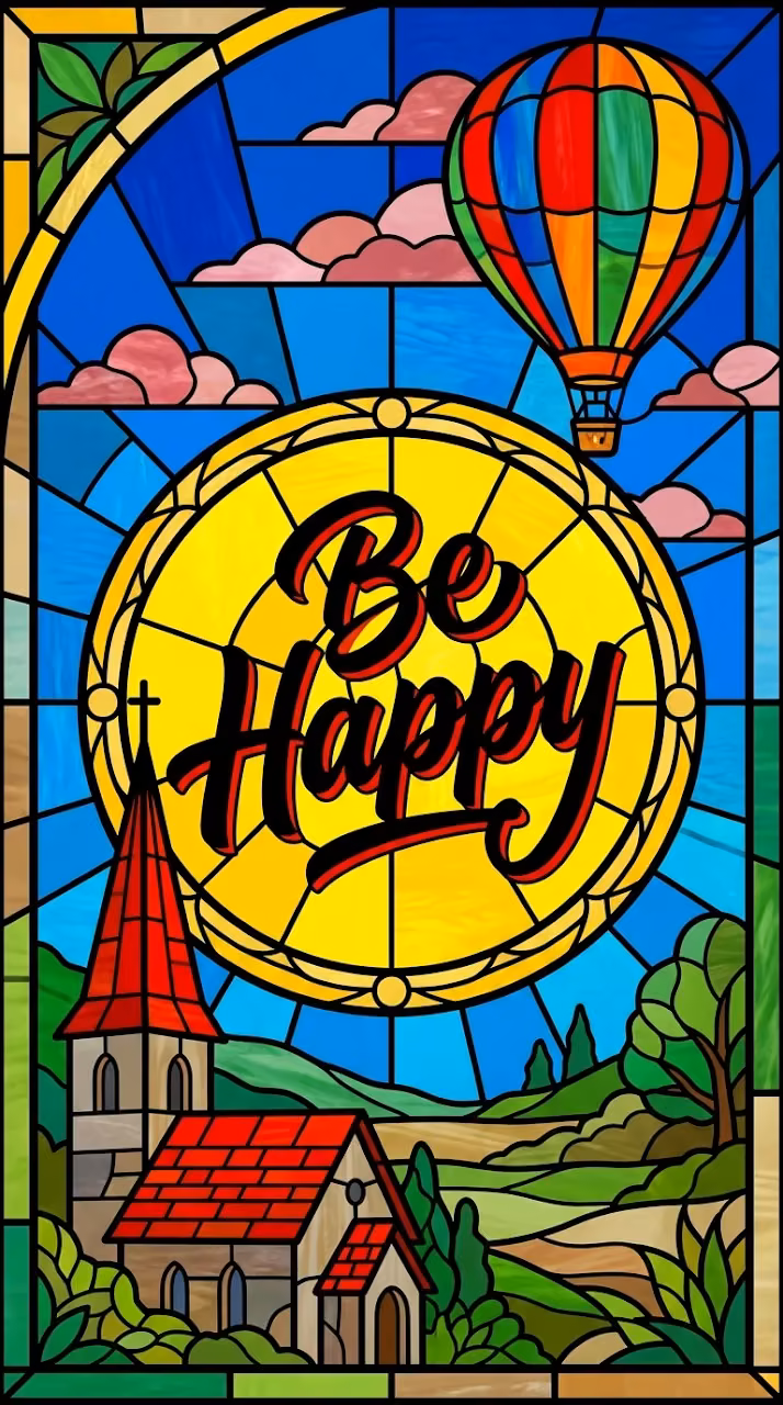 Colorful Pop Art Graphic Featuring the Text Be Happy with Hot Air Balloon - Free Mobile AMOLED Wallpaper Background