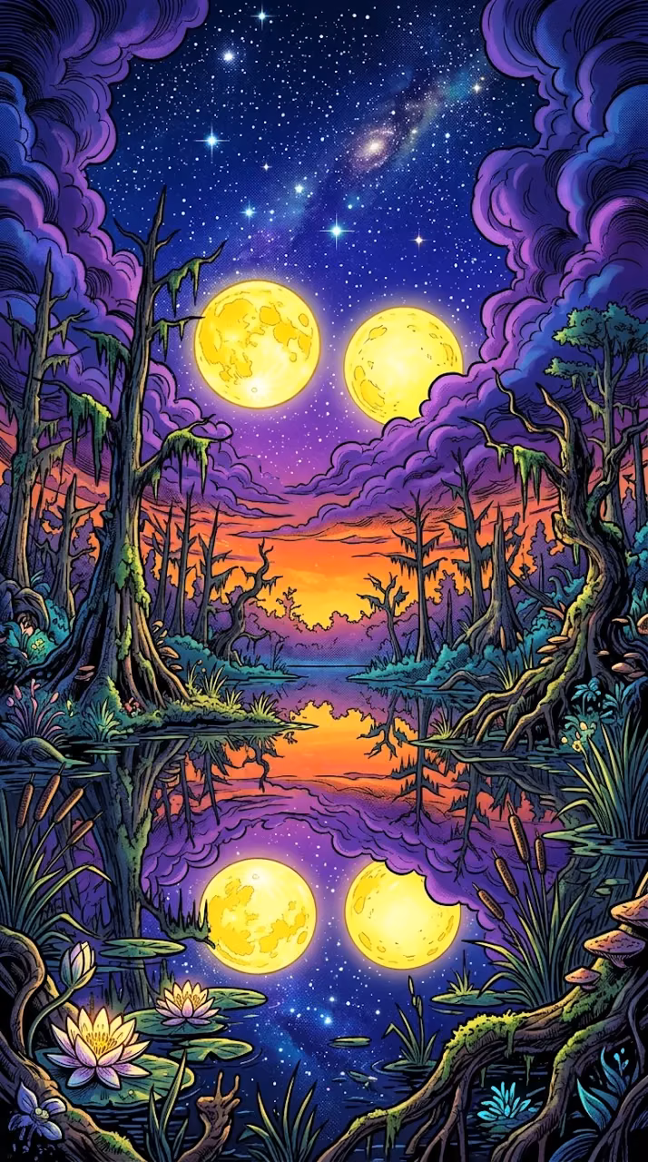 Download Colorful Swamp Landscape with Giant Moons and Reflections Wallpaper in Mobile HD Colorful Swamp Landscape with Giant Moons and Reflections - Free Mobile AMOLED Wallpaper Background