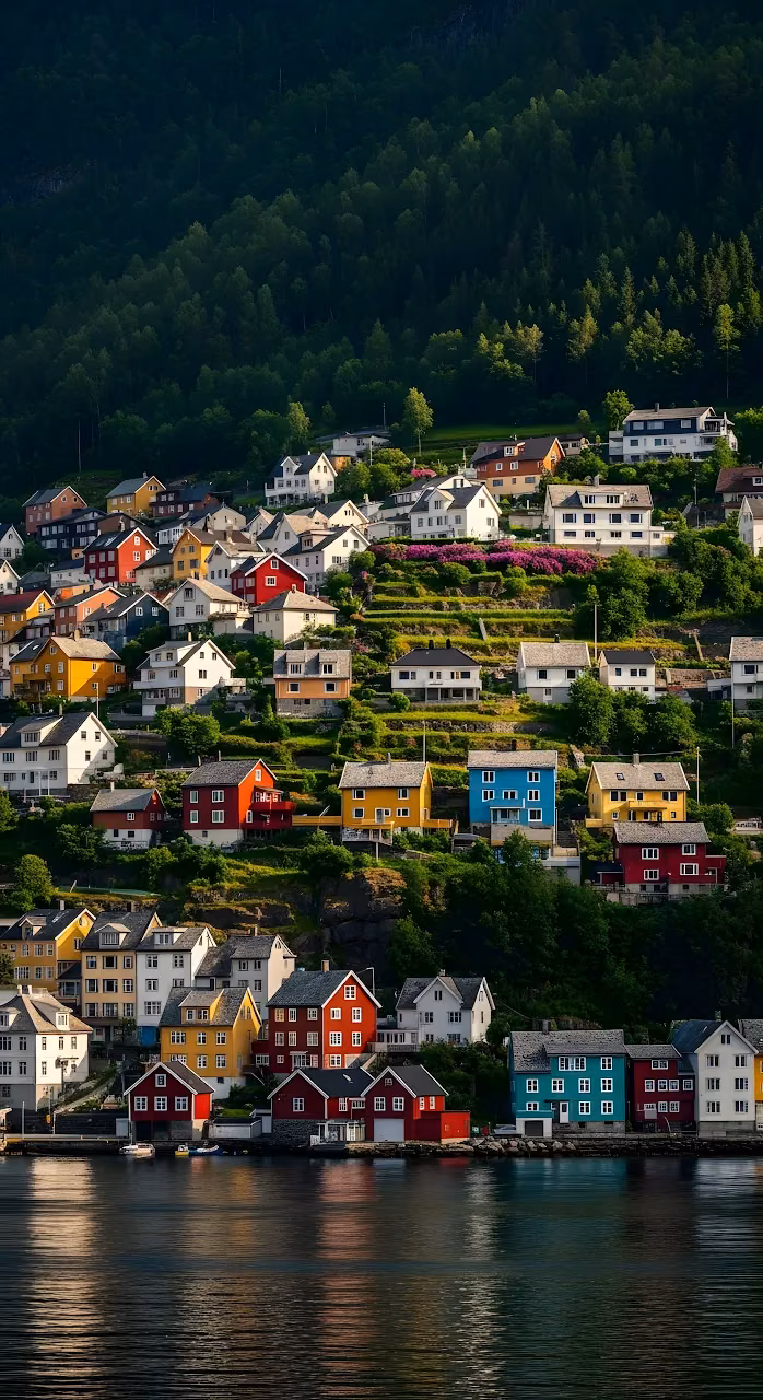 Colorful Terraced Houses of a Scandinavian Fjord Village - Free Mobile AMOLED Wallpaper Background