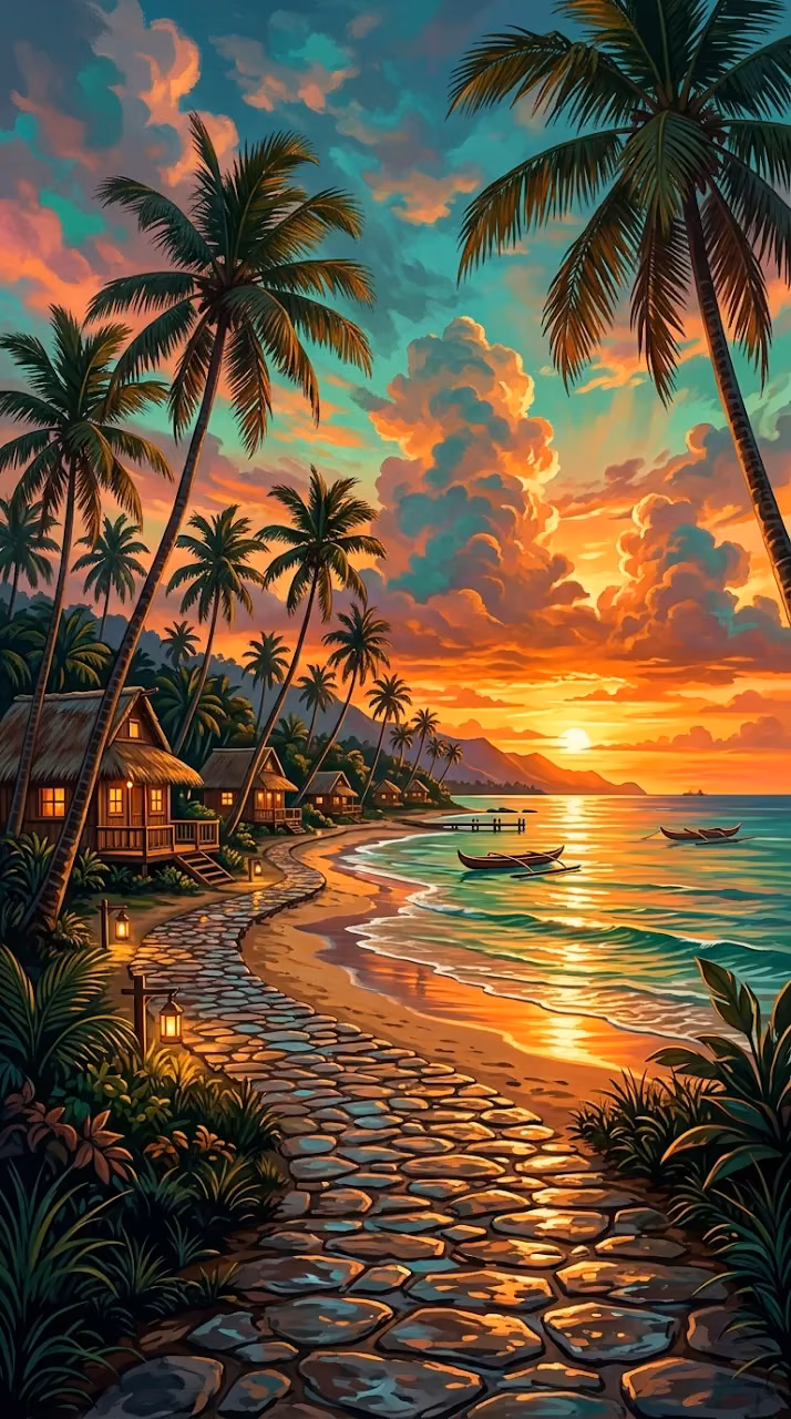 Download Colorful Tropical Beach Sunset With Palm Trees And Huts Wallpaper in Mobile HD Colorful Tropical Beach Sunset With Palm Trees And Huts - Free Mobile AMOLED Wallpaper Background