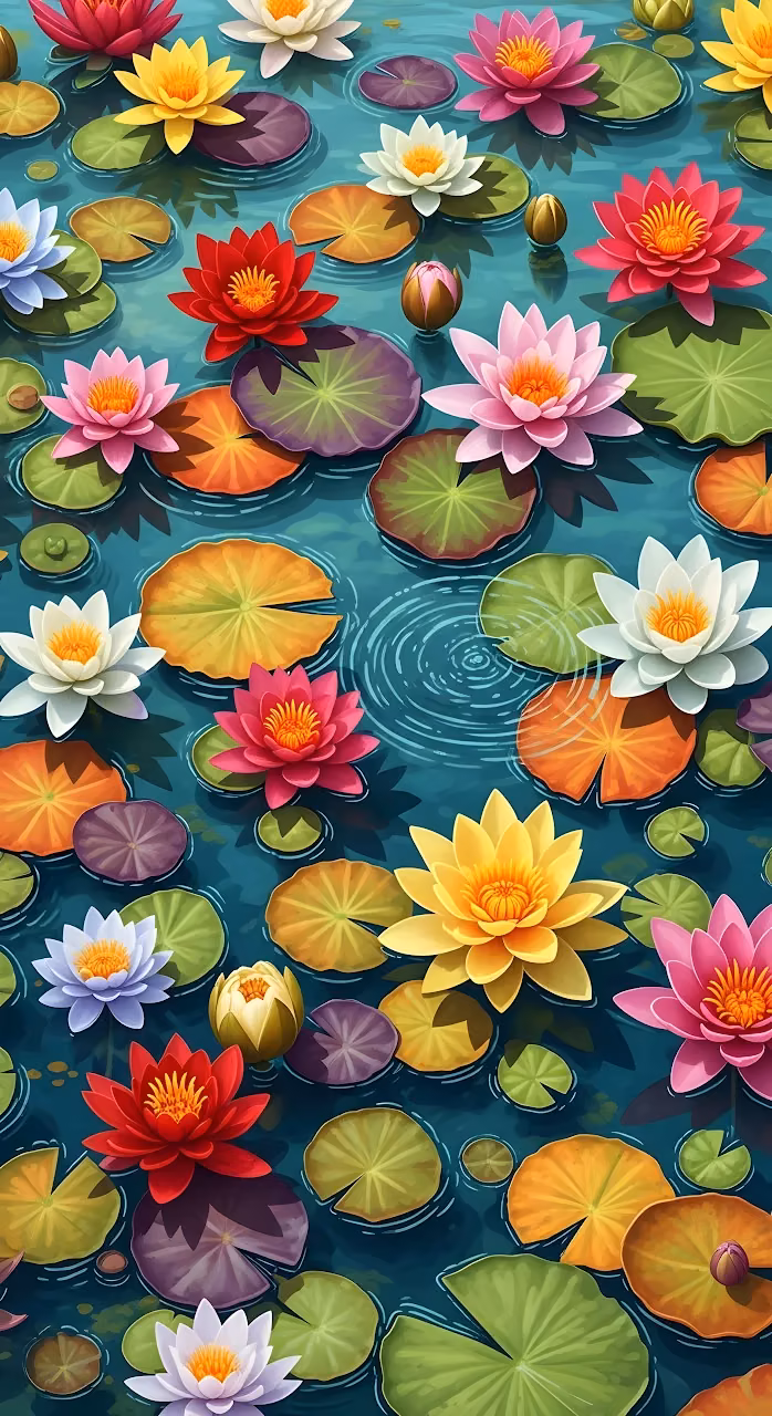 Colorful Water Lilies and Lily Pads on Blue Pond - Free Mobile AMOLED Wallpaper Background