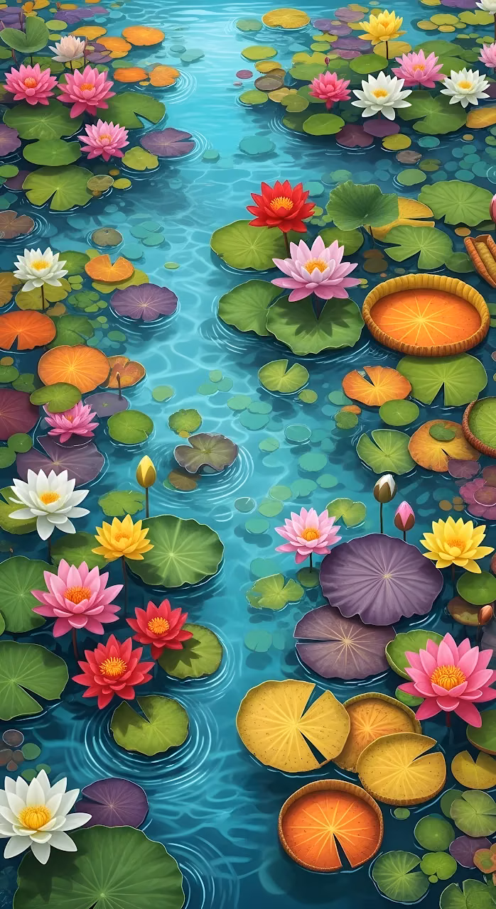 Colorful Water Lilies Pond Illustration Turquoise Ripples - Free Mobile AMOLED Wallpaper Background