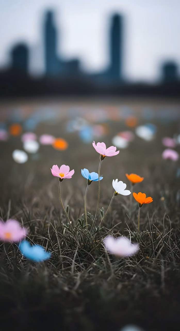 Colorful Wildflowers City Skyline Bokeh Contrast - Free Mobile AMOLED Wallpaper Background