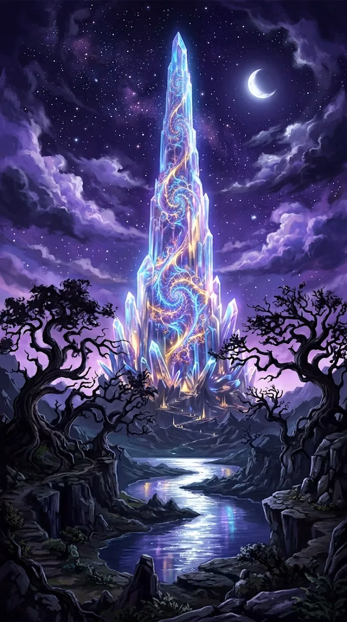 Download Colossal Crystal Tower with Fractal Patterns Under Moonlit Night Wallpaper in Mobile HD Colossal Crystal Tower with Fractal Patterns Under Moonlit Night - Free Mobile AMOLED Wallpaper Background