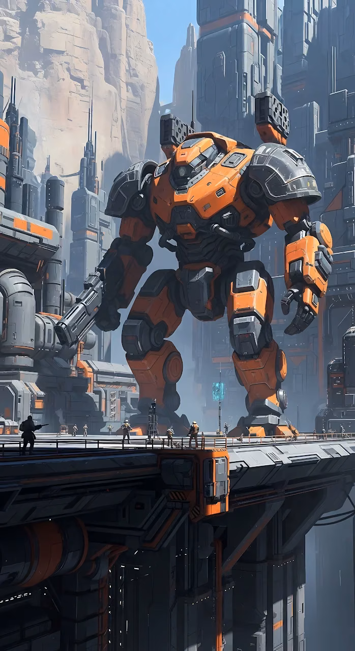 Colossal Orange Combat Mech in Industrial Sci-Fi Canyon City - Free Mobile AMOLED Wallpaper Background