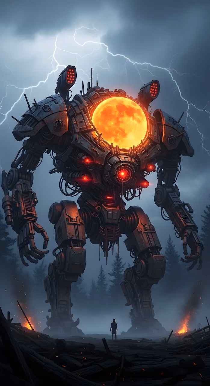 Colossal Rusty Mech with Glowing Core under Storm - Free Mobile AMOLED Wallpaper Background