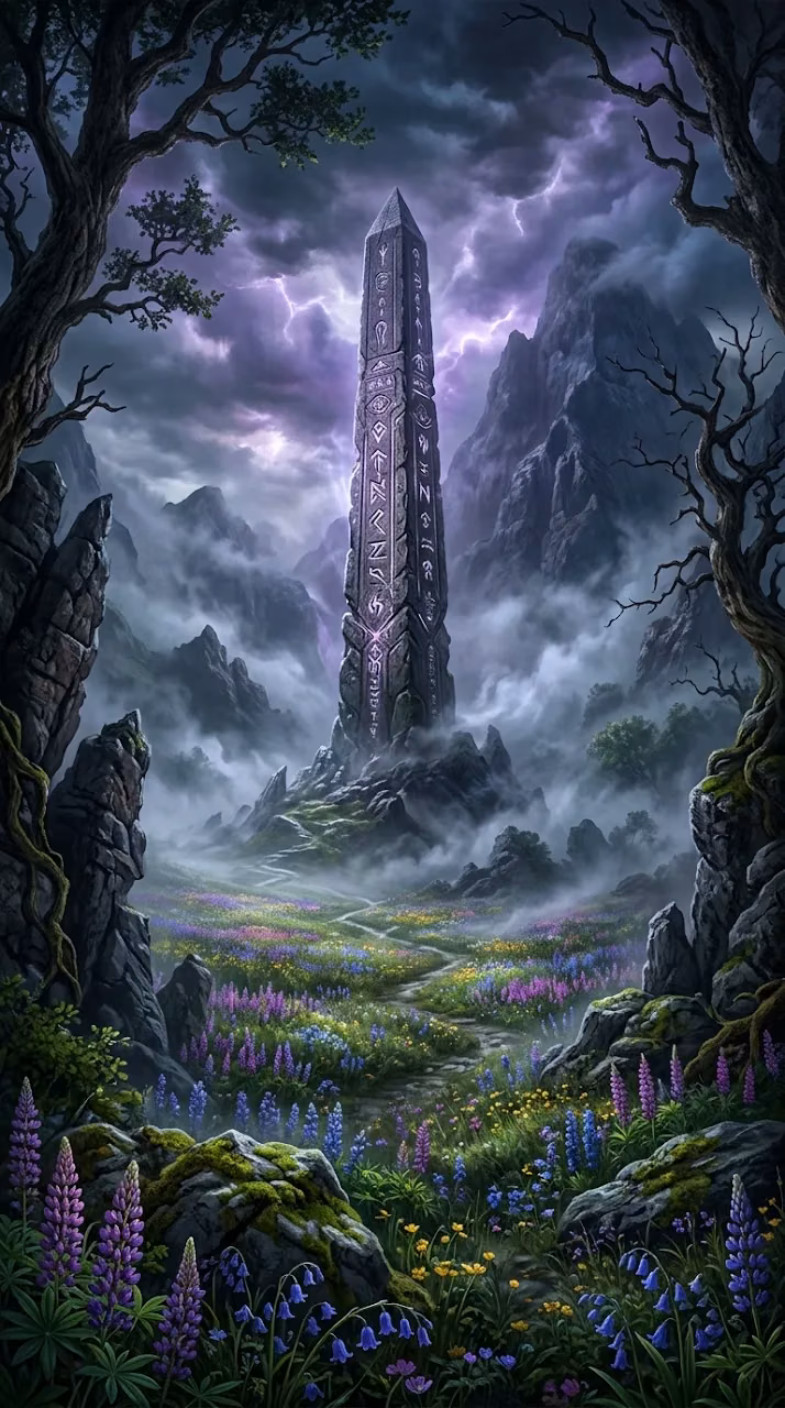 Colossal Stone Obelisk in Misted Valley with Purple and Silver Glow - Free Mobile AMOLED Wallpaper Background