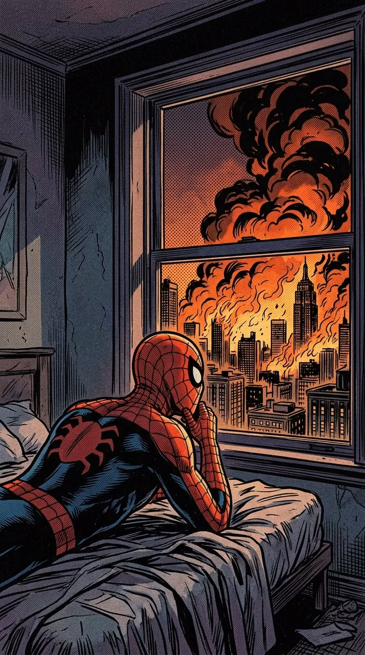 Comic Art of Masked Superhero Overlooking a Burning City Skyline - Free Mobile AMOLED Wallpaper Background