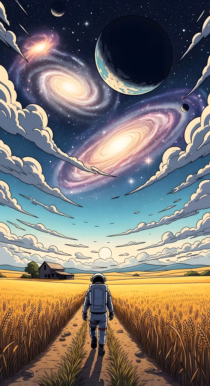 Download Comic Astronaut in Wheat Field Under Dual Galaxies Wallpaper in Mobile HD Comic Astronaut in Wheat Field Under Dual Galaxies - Free Mobile AMOLED Wallpaper Background