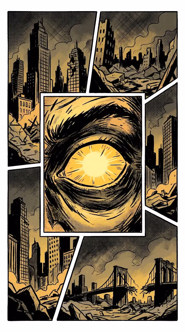 Download Comic Book Style Panel with Close-Up of Yellow Eye and Urban Ruins Wallpaper in Mobile HD Comic Book Style Panel with Close-Up of Yellow Eye and Urban Ruins - Free Mobile AMOLED Wallpaper Background