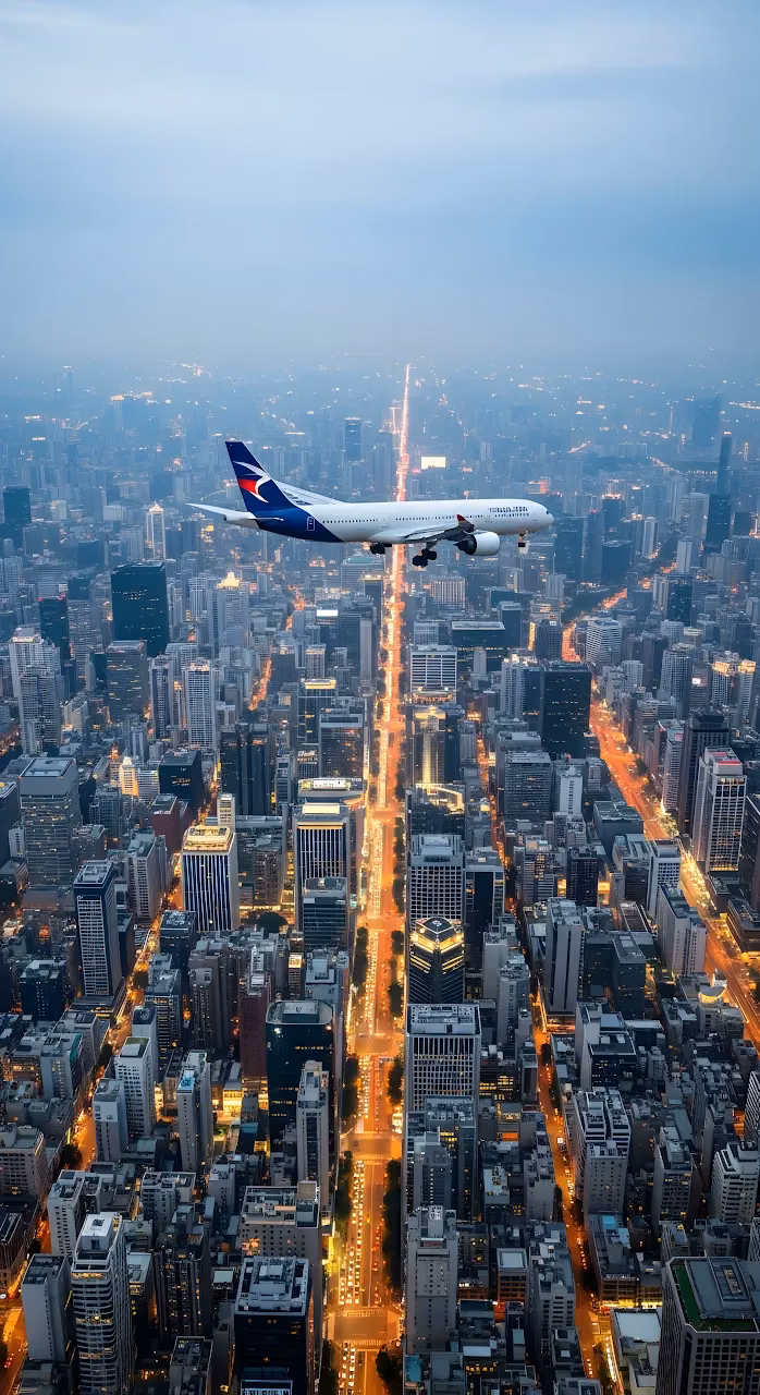 Download Commercial Airplane Flying Over Illuminated City Skyline Dusk Wallpaper in Mobile HD Commercial Airplane Flying Over Illuminated City Skyline Dusk - Free Mobile AMOLED Wallpaper Background