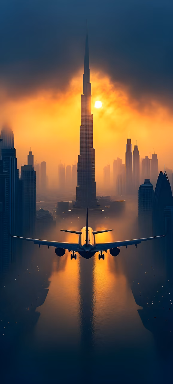 Commercial Jet Flying Over Dubai Skyline at Golden Sunset - Free Mobile AMOLED Wallpaper Background