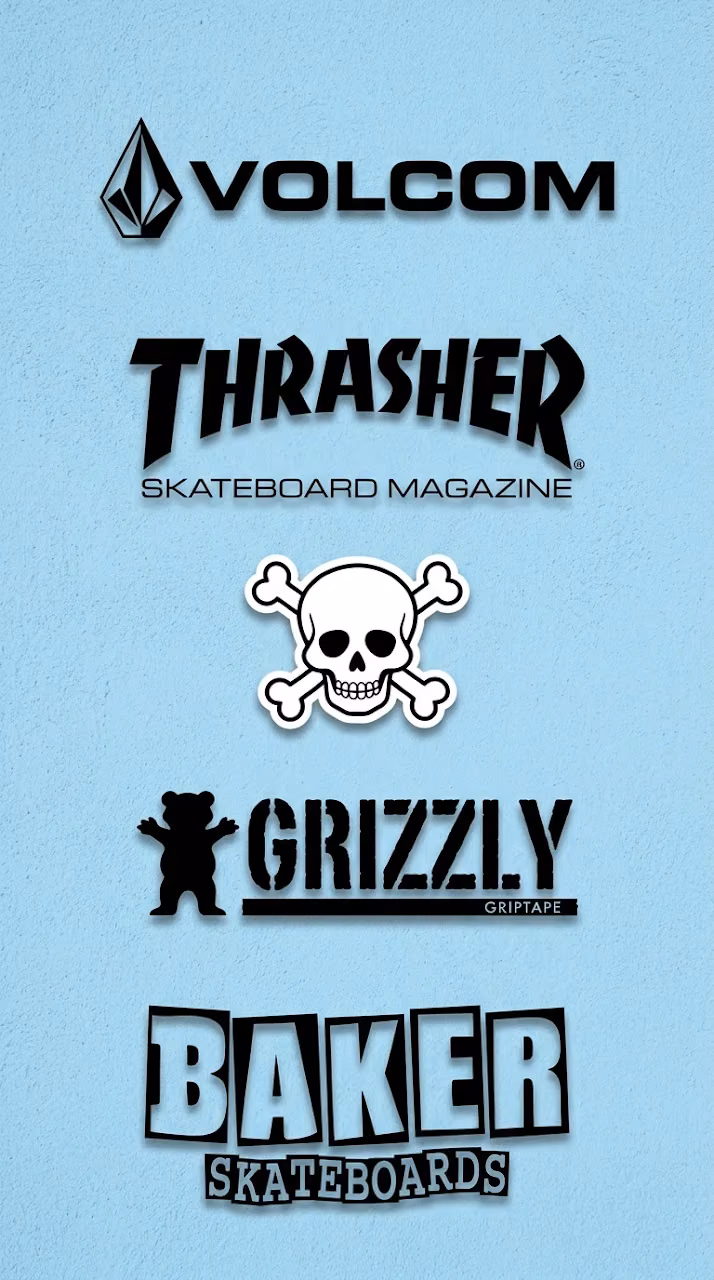 Compilation of Popular Skateboard Brand Logos on Textured Blue Wall - Free Mobile AMOLED Wallpaper Background