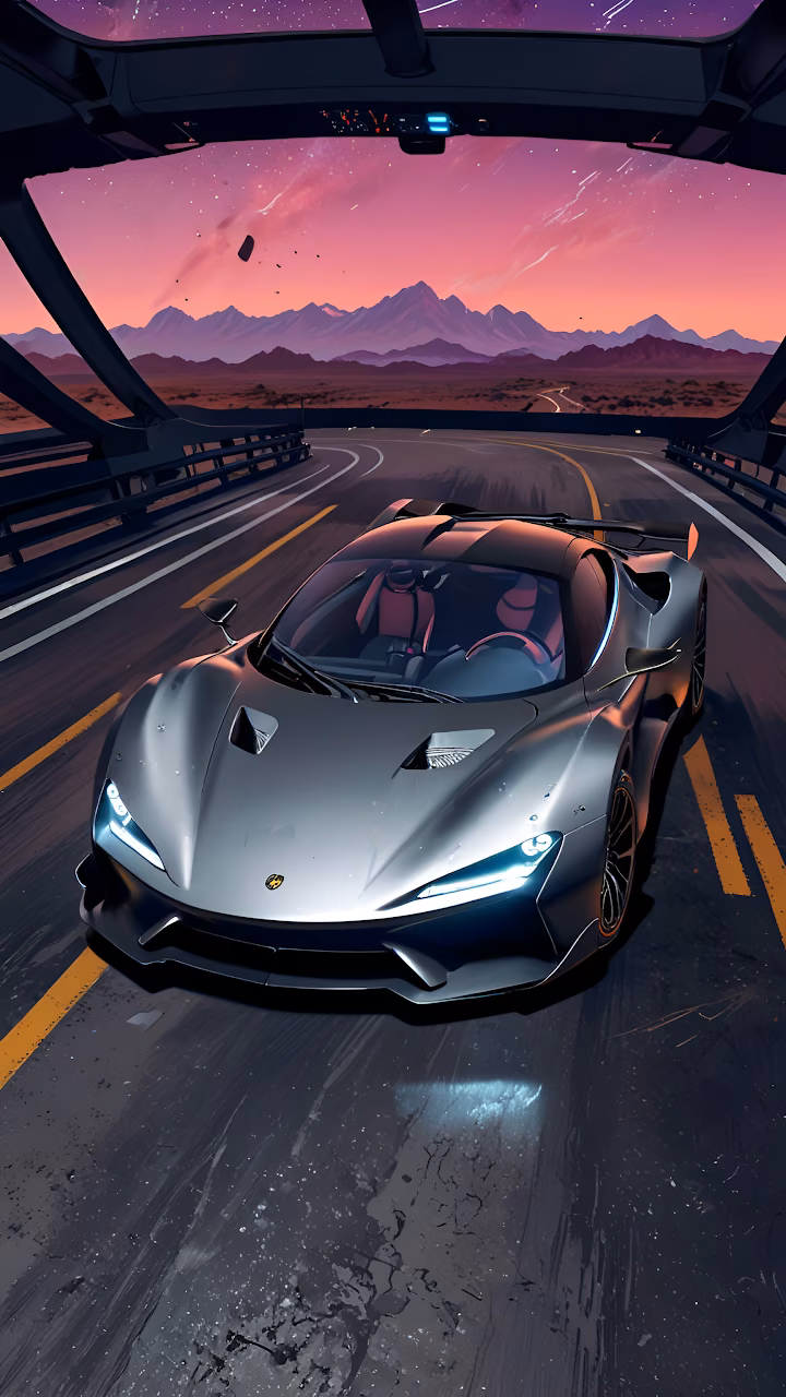 Concept Hypercar Racing on Elevated Road at Twilight Sunset - Free Mobile AMOLED Wallpaper Background
