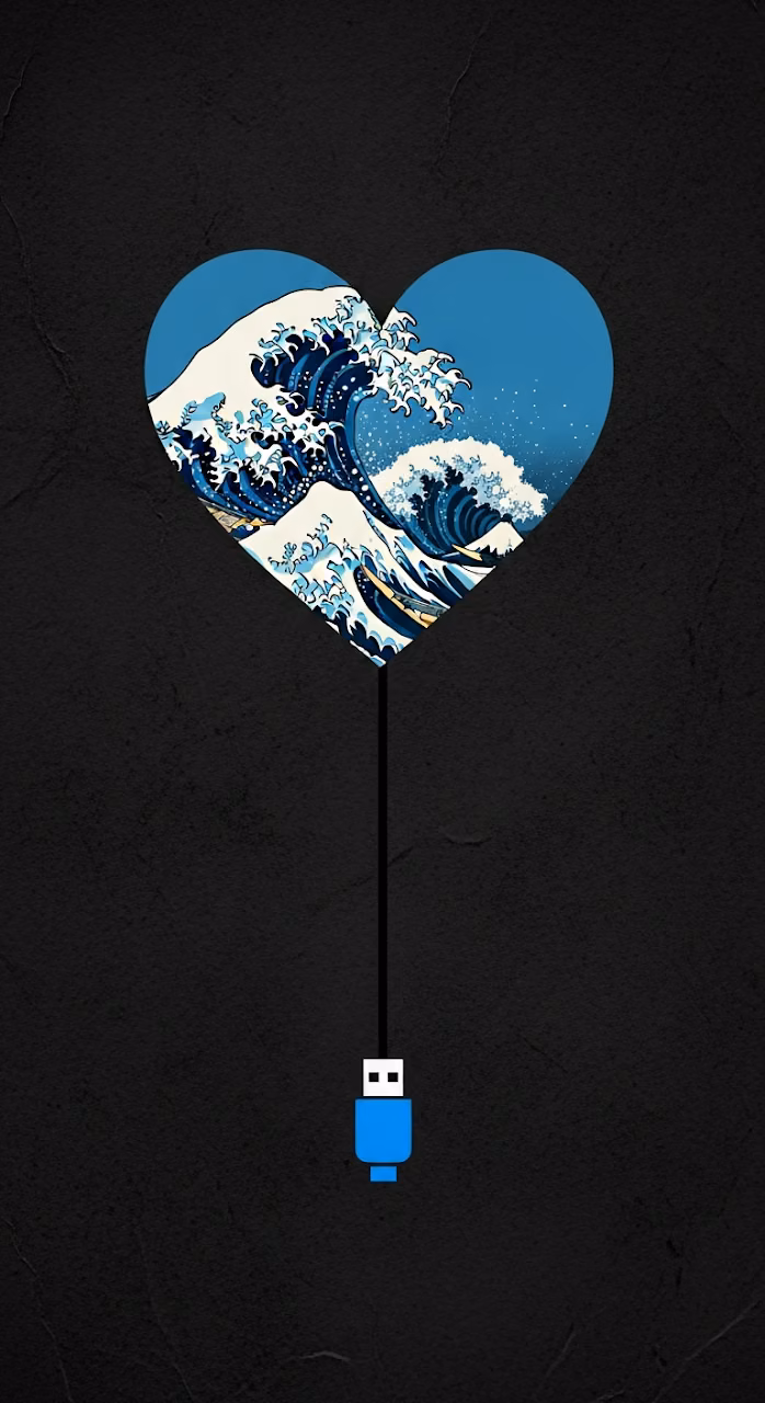 Conceptual Graphic Design of Ocean Waves Inside a Heart Connected to a USB Plug on Dark Background - Free Mobile AMOLED Wallpaper Background