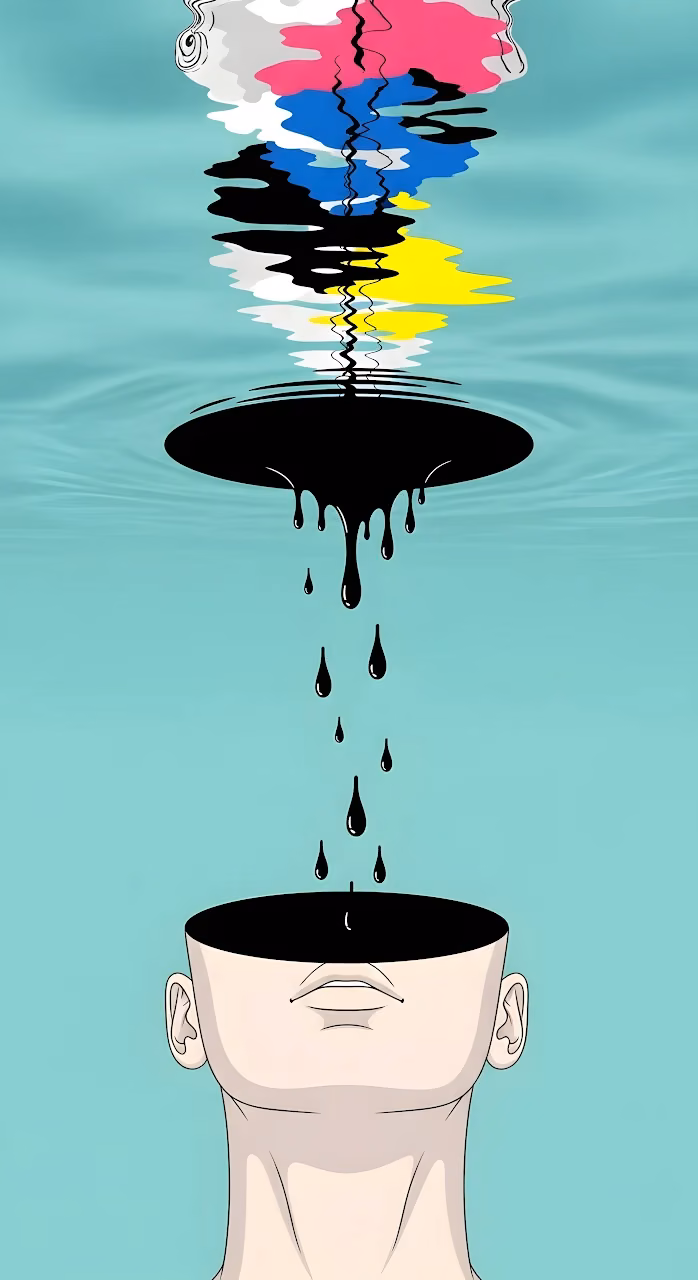 Download Conceptual Illustration of CMYK Ink Draining into Head Wallpaper in Mobile HD Conceptual Illustration of CMYK Ink Draining into Head - Free Mobile AMOLED Wallpaper Background