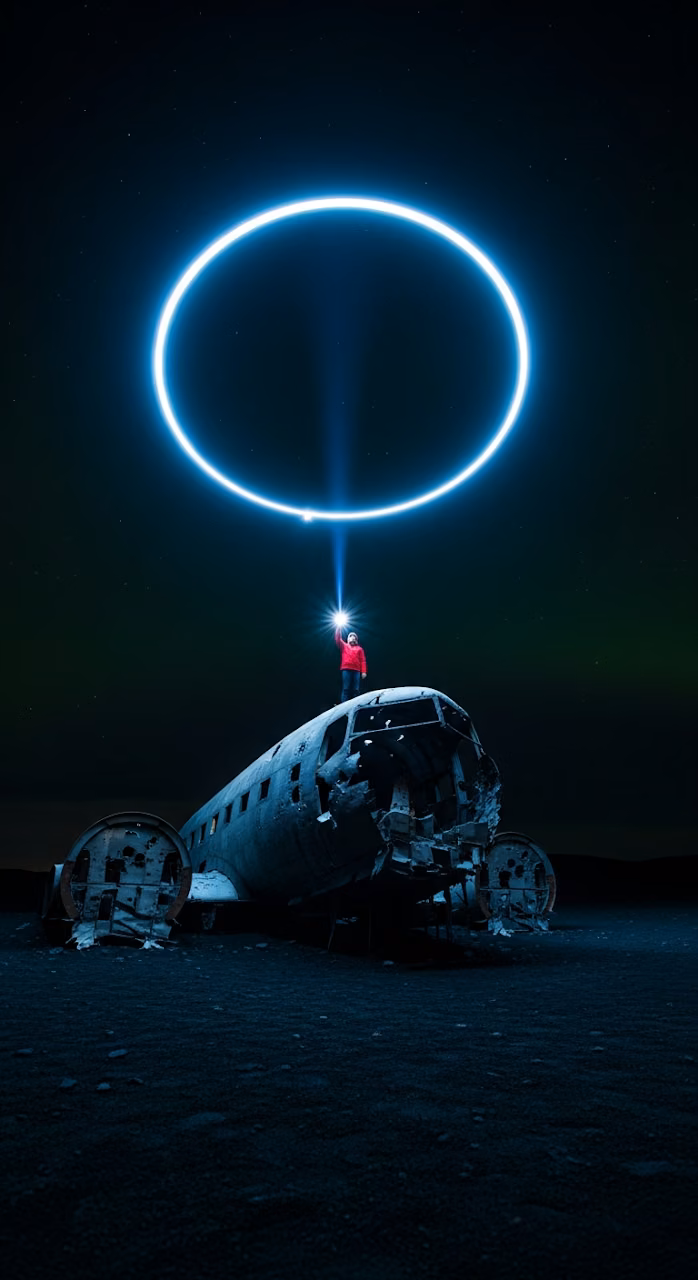 Conceptual Night Photo of an Abandoned Plane Wreck with Person and Floating Blue Light Ring - Free Mobile AMOLED Wallpaper Background