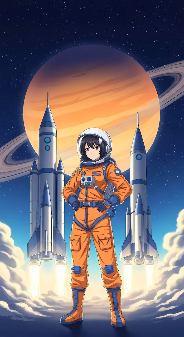 Download Confident Anime Astronaut with Rockets and Saturn Planet Wallpaper in Mobile HD Confident Anime Astronaut with Rockets and Saturn Planet - Free Mobile AMOLED Wallpaper Background