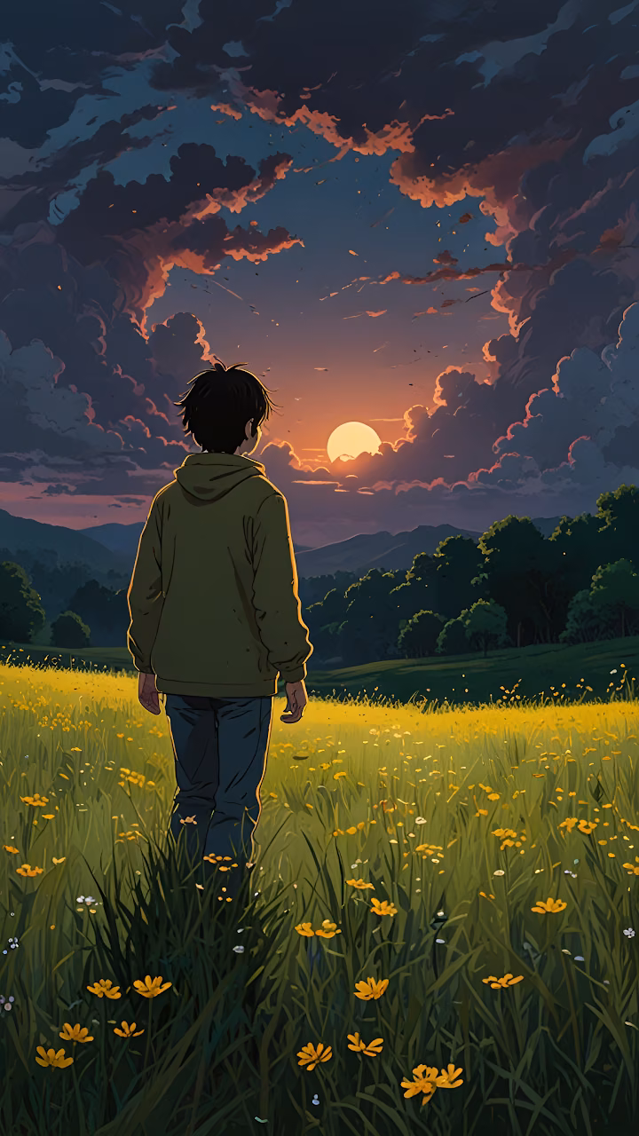 Download Contemplative Anime Character Sunset Meadow Illustration Wallpaper in Mobile HD Contemplative Anime Character Sunset Meadow Illustration - Free Mobile AMOLED Wallpaper Background