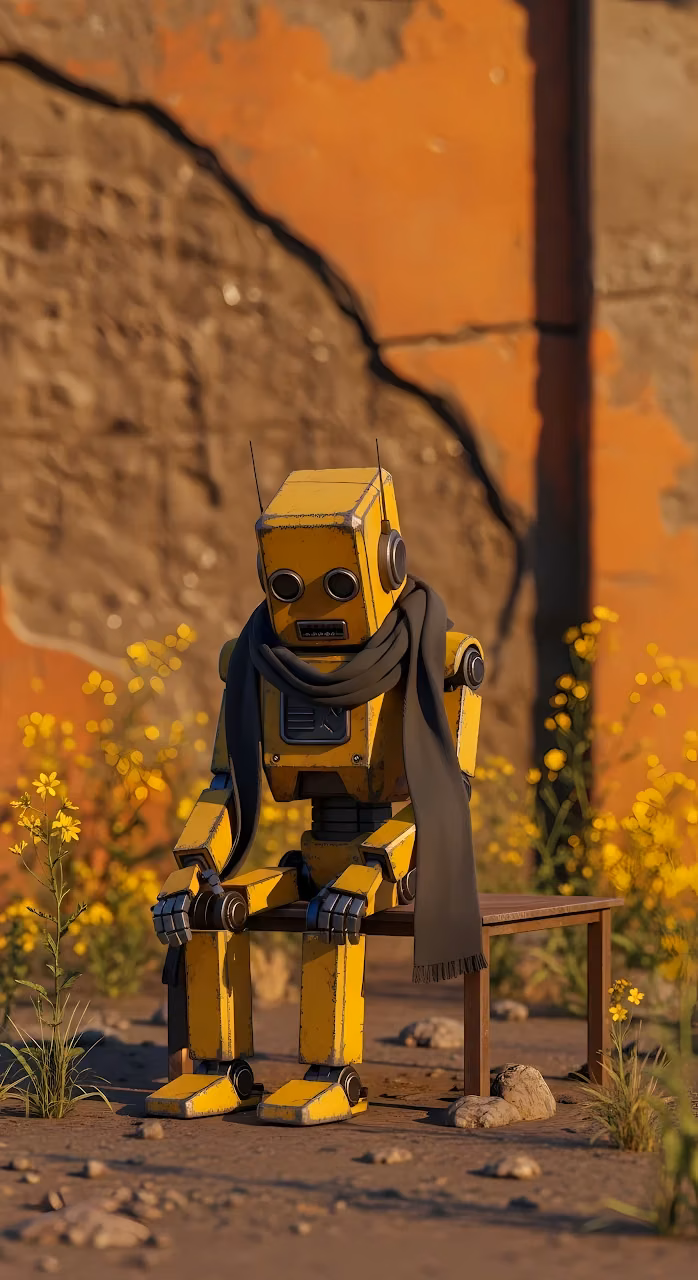 Download Contemplative Yellow Robot Sitting on a Bench in Ruins Wallpaper in Mobile HD Contemplative Yellow Robot Sitting on a Bench in Ruins - Free Mobile AMOLED Wallpaper Background