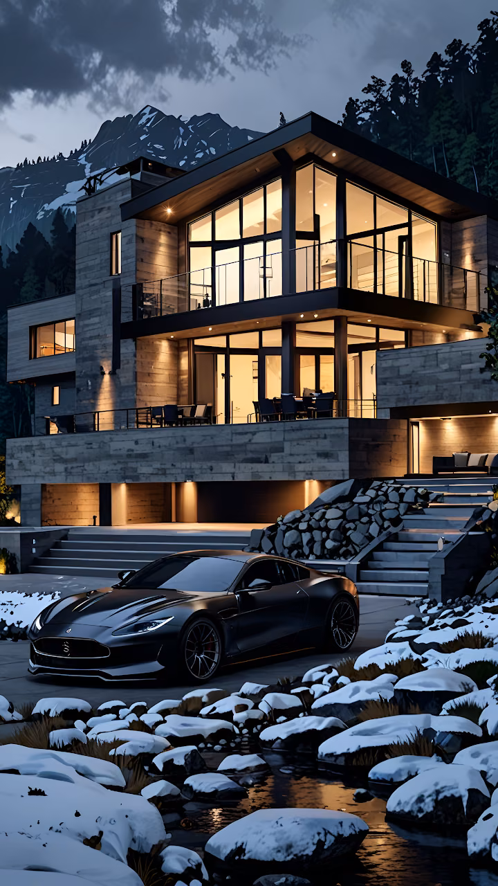 Download Contemporary Alpine Home Winter Dusk Scene Wallpaper in Mobile HD Contemporary Alpine Home Winter Dusk Scene - Free Mobile AMOLED Wallpaper Background