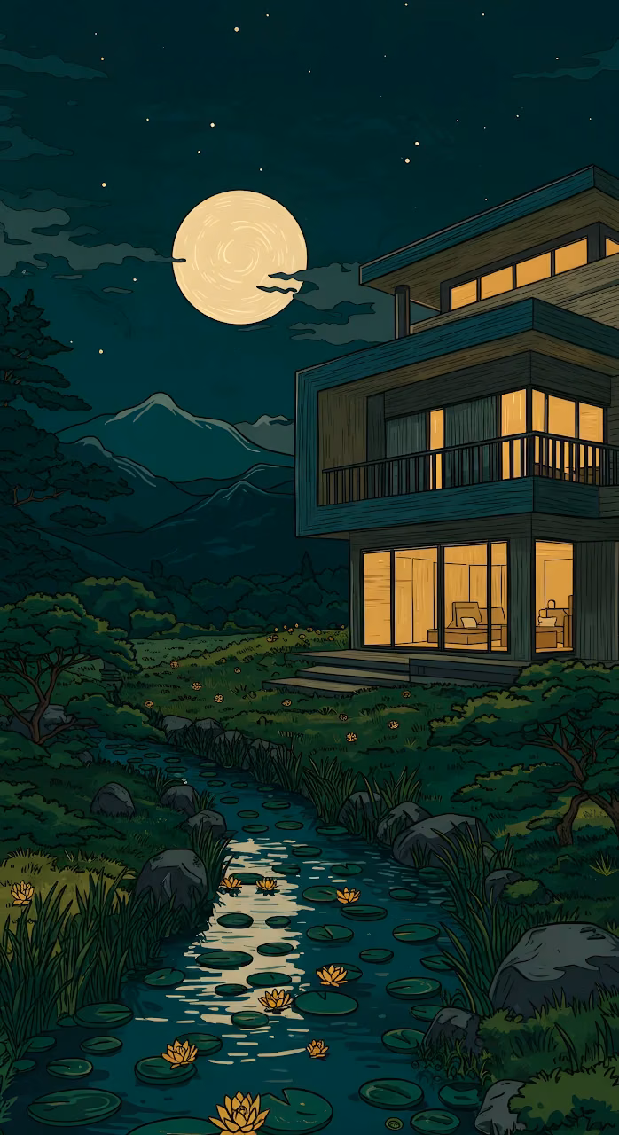Contemporary Forest House at Night with Illuminated Windows - Free Mobile AMOLED Wallpaper Background