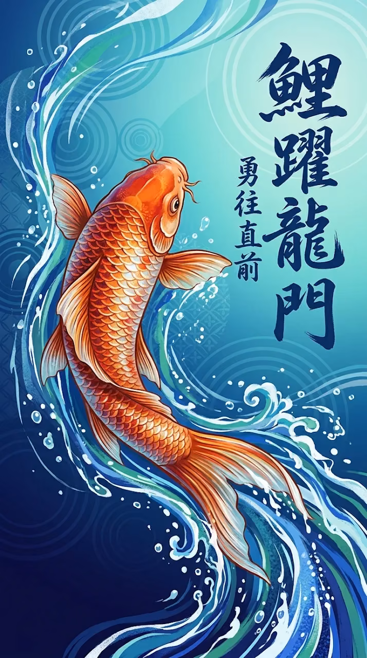 Contemporary Japanese Koi Fish Swimming Upstream with Calligraphy - Free Mobile AMOLED Wallpaper Background