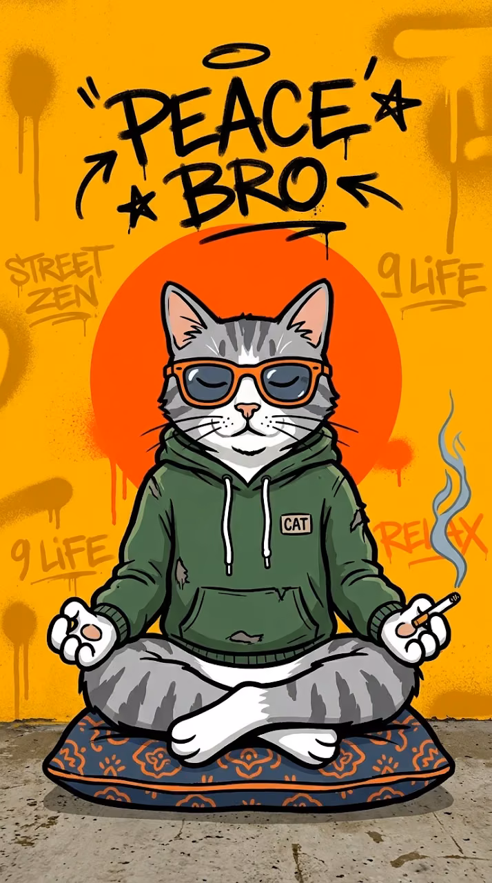 Cool Cartoon Cat Meditating in Hoodie on Bright Yellow Background - Free Mobile AMOLED Wallpaper Background