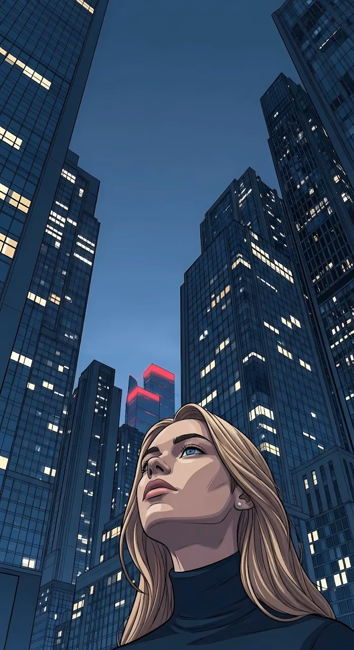 Corporate Woman Gazing Up at Towering Skyscrapers - Free Mobile AMOLED Wallpaper Background
