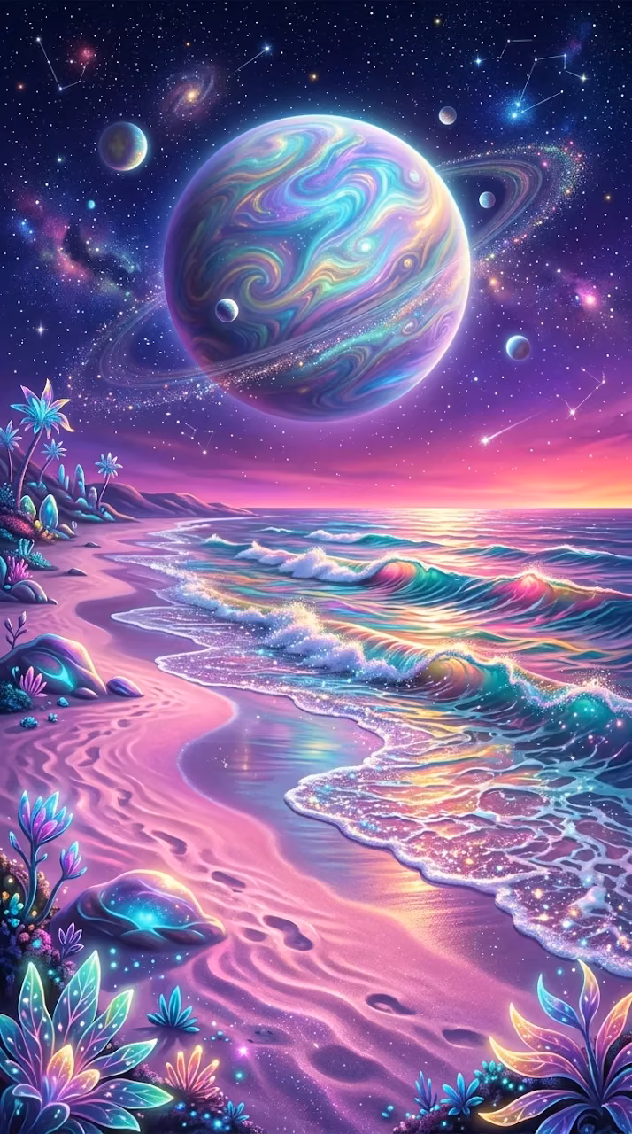 Cosmic Beach Landscape with Giant Iridescent Planet and Pink Sand - Free Mobile AMOLED Wallpaper Background
