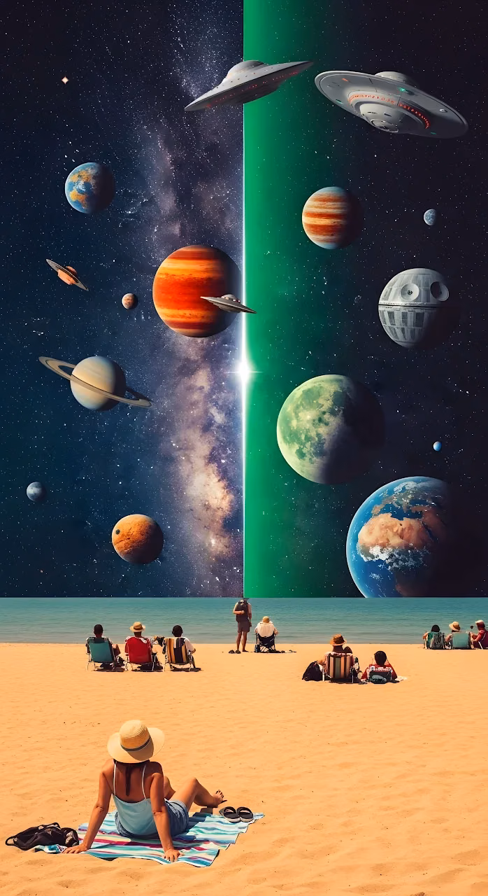 Cosmic Beach Vacation Split Reality Art - Free Mobile AMOLED Wallpaper Background