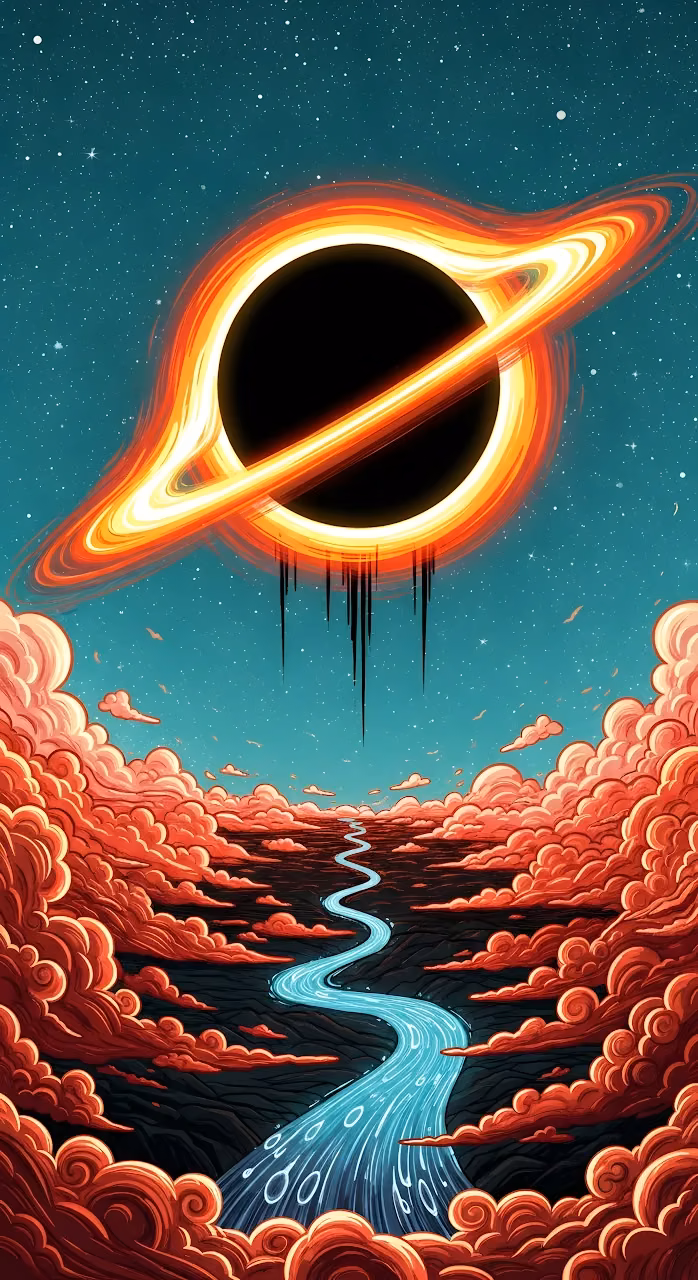 Cosmic Black Hole Dripping Over Surreal Red Cloud River - Free Mobile AMOLED Wallpaper Background