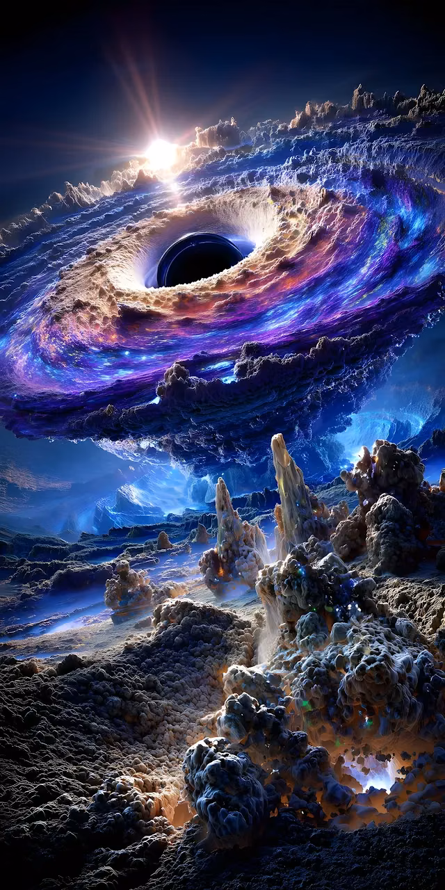 Download Cosmic Black Hole Vortex Above Alien Planetary Landscape Wallpaper in Mobile HD Cosmic Black Hole Vortex Above Alien Planetary Landscape - Free Mobile AMOLED Wallpaper Background