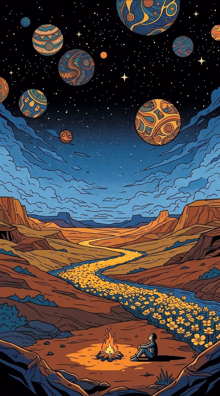 Cosmic Canyon Campfire Illustration - Free Mobile AMOLED Wallpaper Background