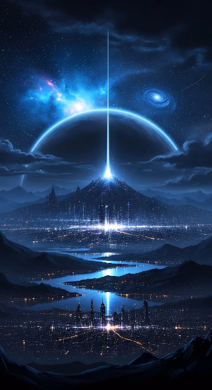Cosmic City with Energy Beam Under Alien Planet Sky - Free Mobile AMOLED Wallpaper Background