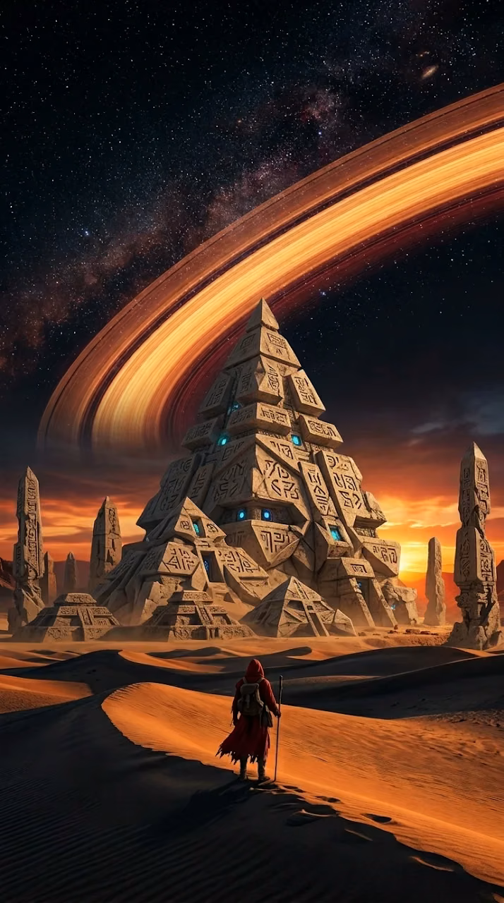 Download Cosmic Desert Pyramids under Glowing Planetary Rings Wallpaper Wallpaper in Mobile HD Cosmic Desert Pyramids under Glowing Planetary Rings Wallpaper - Free Mobile AMOLED Wallpaper Background