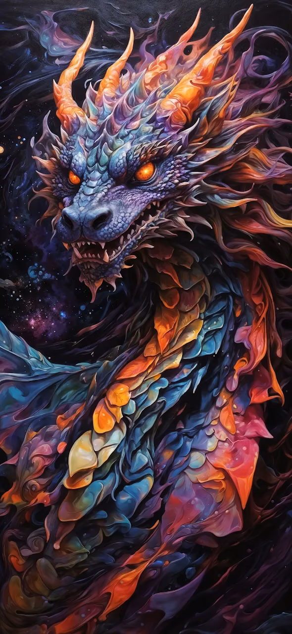 Download Cosmic Dragon with Fiery Scales Against Starry Void Wallpaper in Mobile HD Cosmic Dragon with Fiery Scales Against Starry Void - Free Mobile AMOLED Wallpaper Background