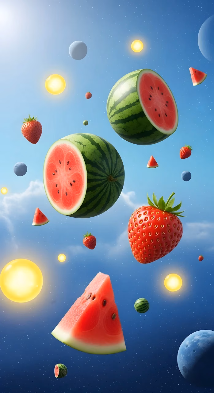 Download Cosmic Fruitscape: Watermelons and Strawberries Floating Wallpaper in Mobile HD Cosmic Fruitscape: Watermelons and Strawberries Floating - Free Mobile AMOLED Wallpaper Background