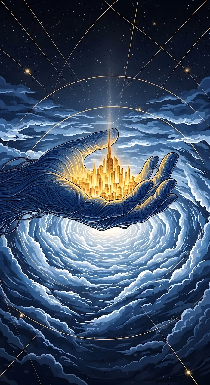 Cosmic Hand Holding Golden City Above Swirling Clouds - Free Mobile AMOLED Wallpaper Background