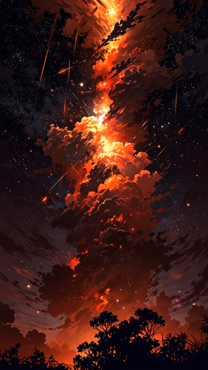 Cosmic Inferno and Meteor Shower Over Forest Silhouette - Free Mobile AMOLED Wallpaper Background