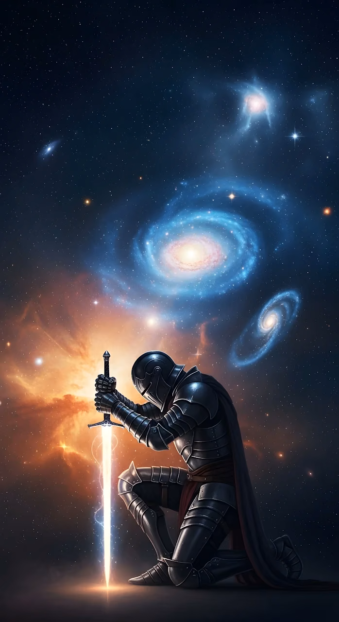 Cosmic Knight Kneeling with Glowing Sword under Spiral Galaxy - Free Mobile AMOLED Wallpaper Background