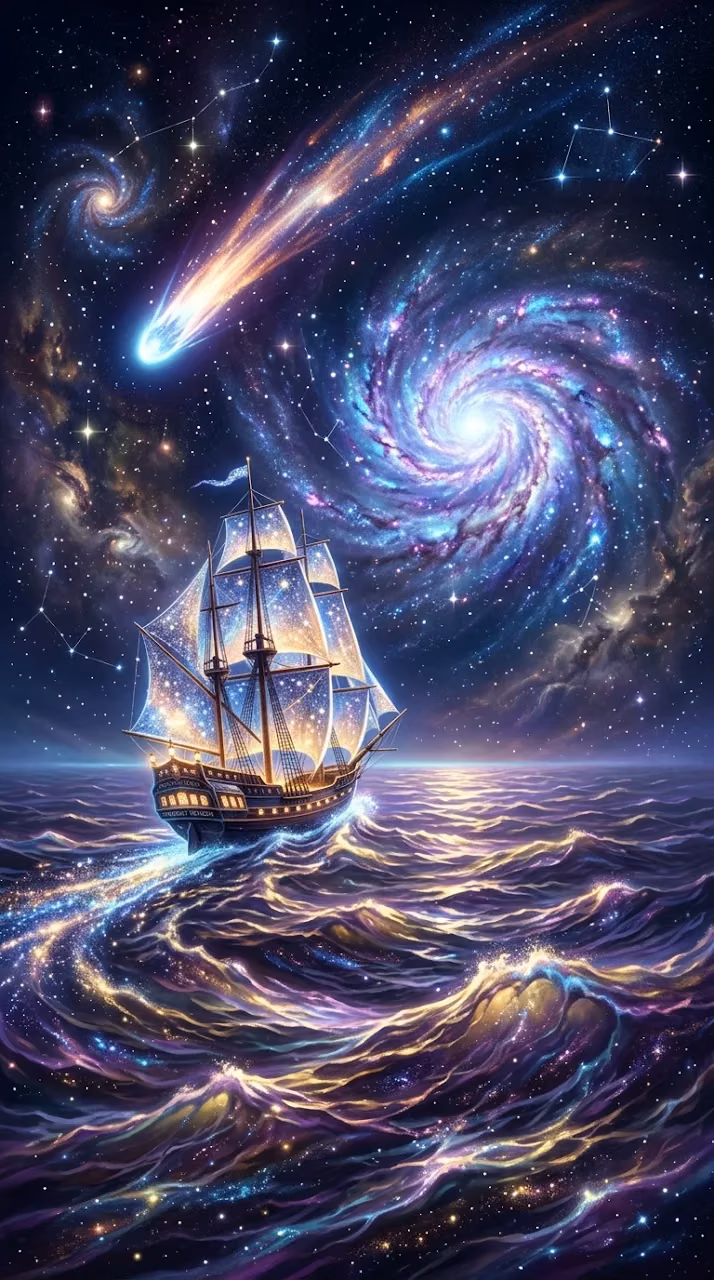 Cosmic Ocean with Stardust Sail Ship and Glowing Comet - Free Mobile AMOLED Wallpaper Background