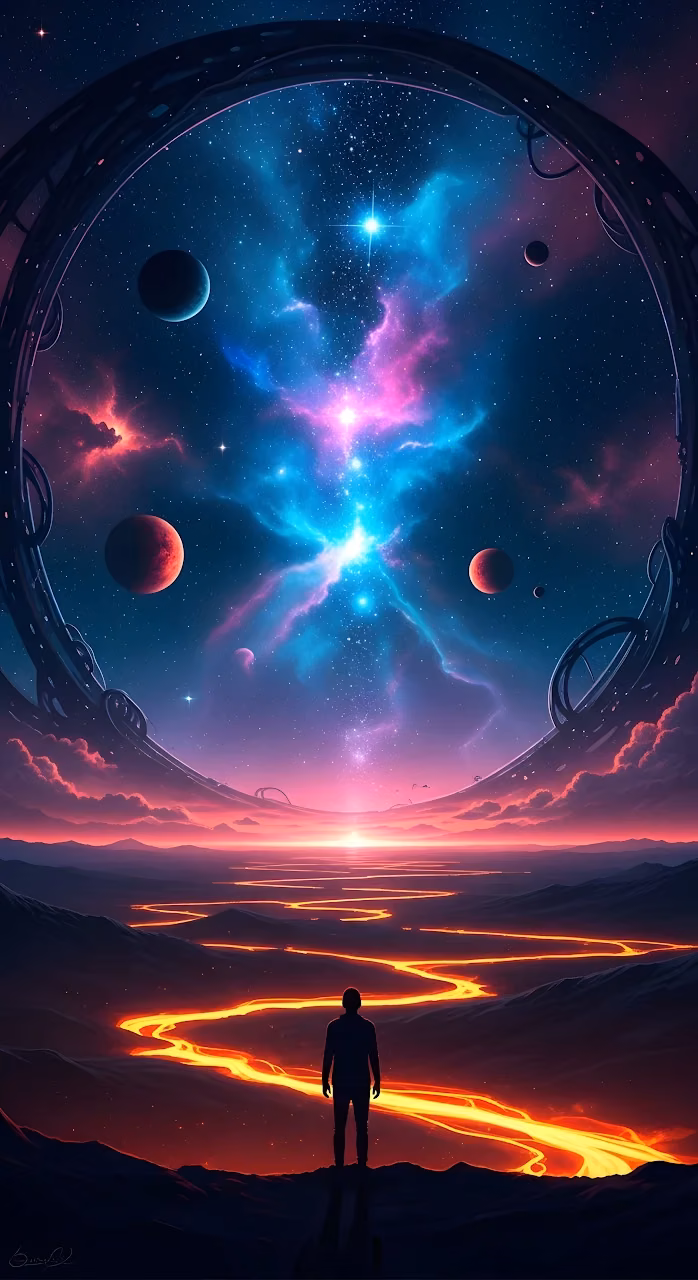 Download Cosmic Portal View Over Neon Lava River Landscape Wallpaper in Mobile HD Cosmic Portal View Over Neon Lava River Landscape - Free Mobile AMOLED Wallpaper Background