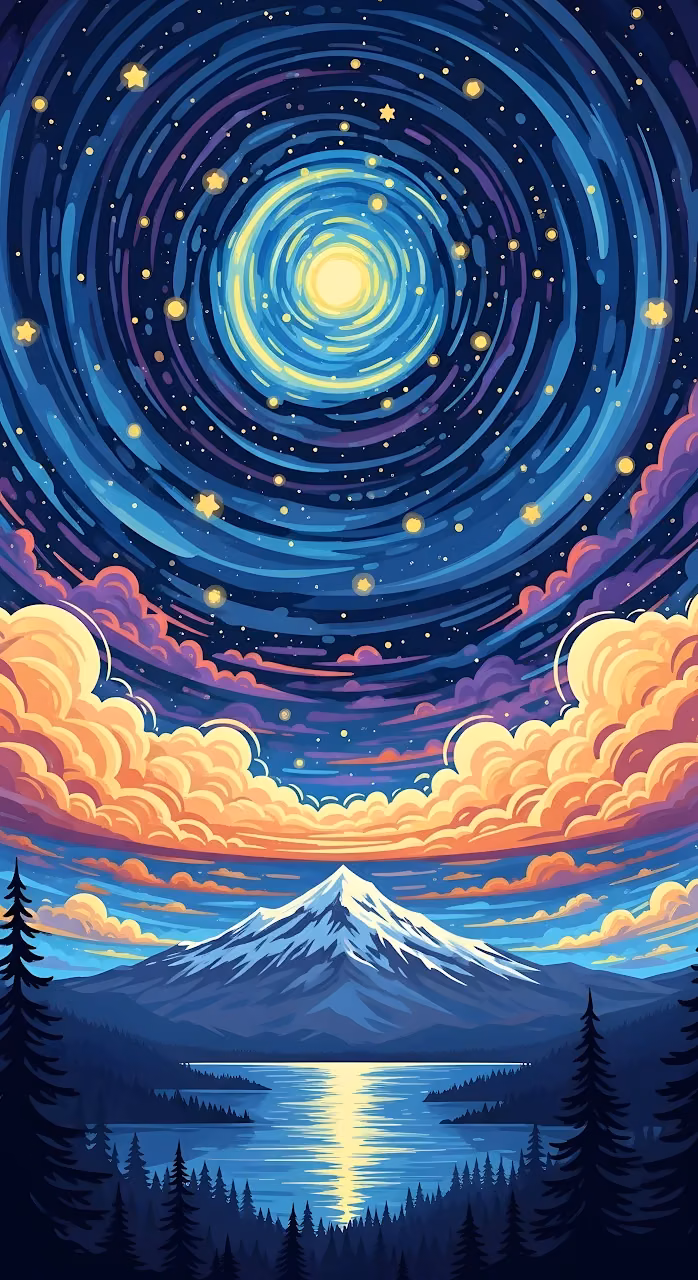 Download Cosmic Swirl Sky Over Snowcapped Mountain Lake Wallpaper in Mobile HD Cosmic Swirl Sky Over Snowcapped Mountain Lake - Free Mobile AMOLED Wallpaper Background