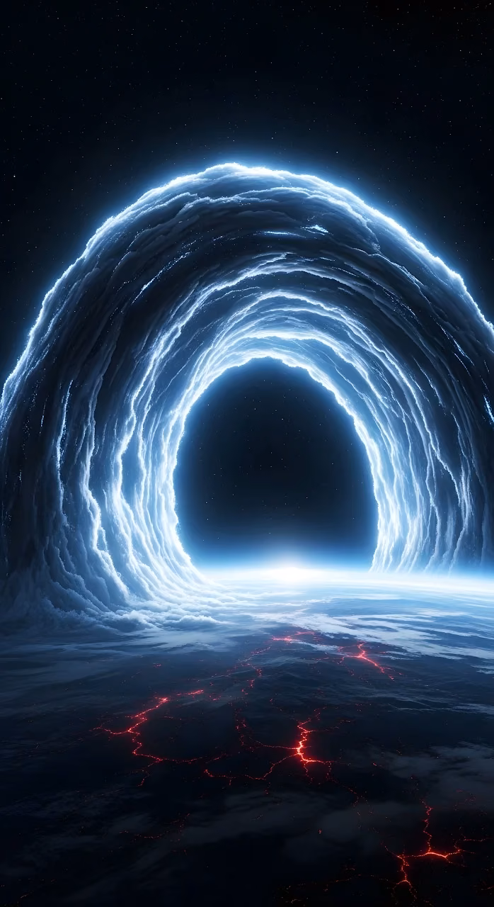 Cosmic Vortex Above Volcanic Planet Surface - Free Mobile AMOLED Wallpaper Background