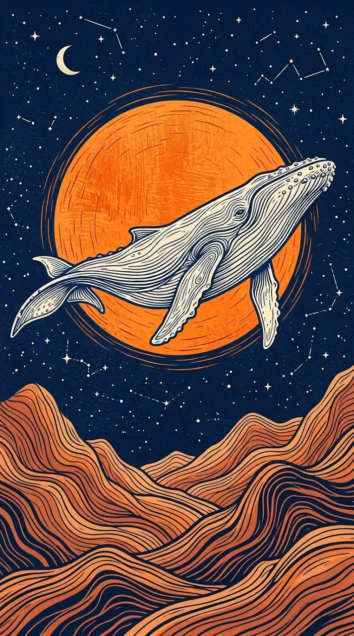 Cosmic Whale Flying over Abstract Wavy Mountains with Giant Sun - Free Mobile AMOLED Wallpaper Background