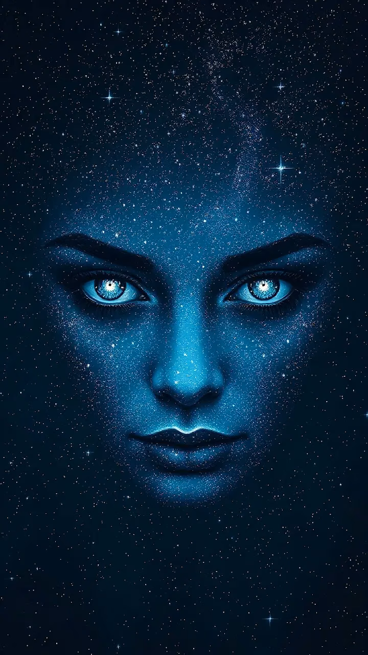 Cosmic Woman with Starry Face and Glowing Eyes - Free Mobile AMOLED Wallpaper Background