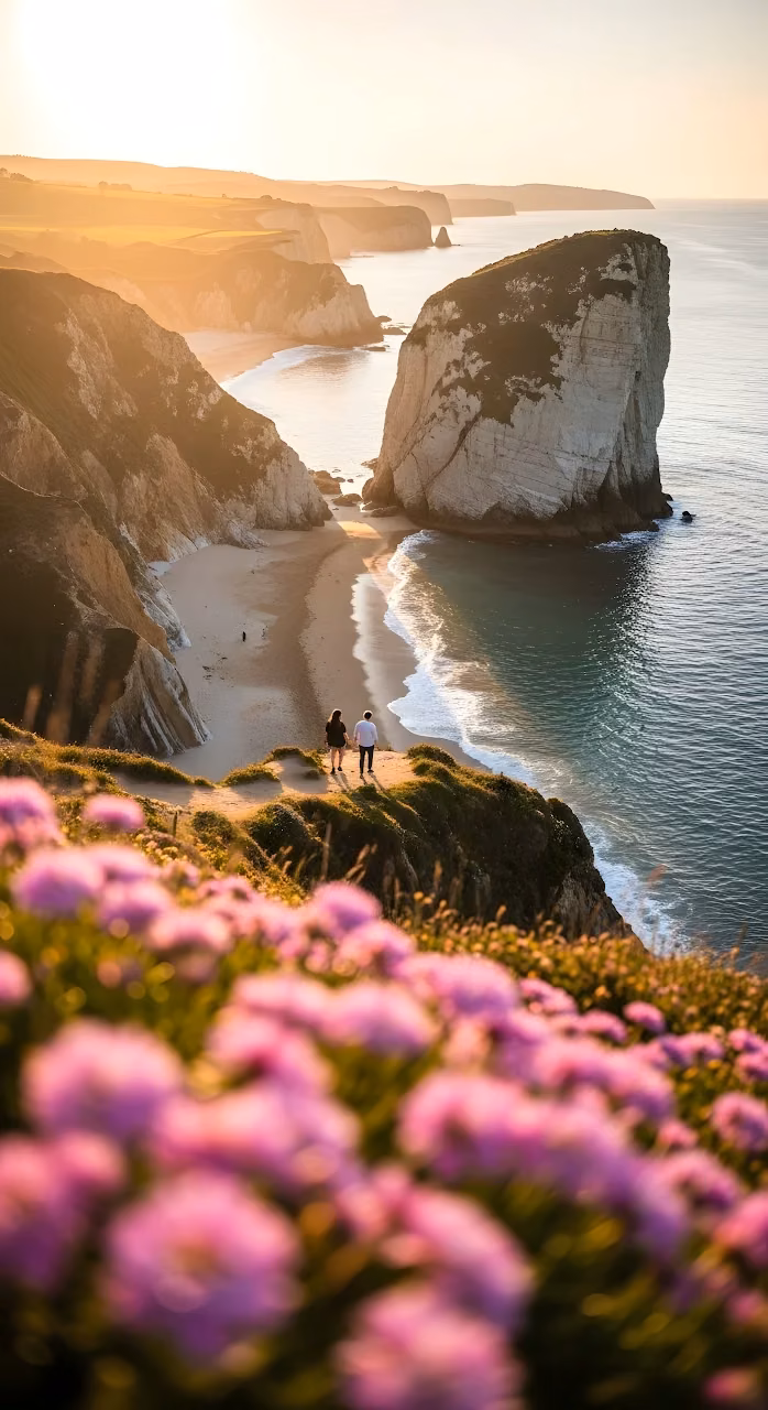 Couple on Cliff Edge Overlooking Sunset Coastal Cove - Free Mobile AMOLED Wallpaper Background