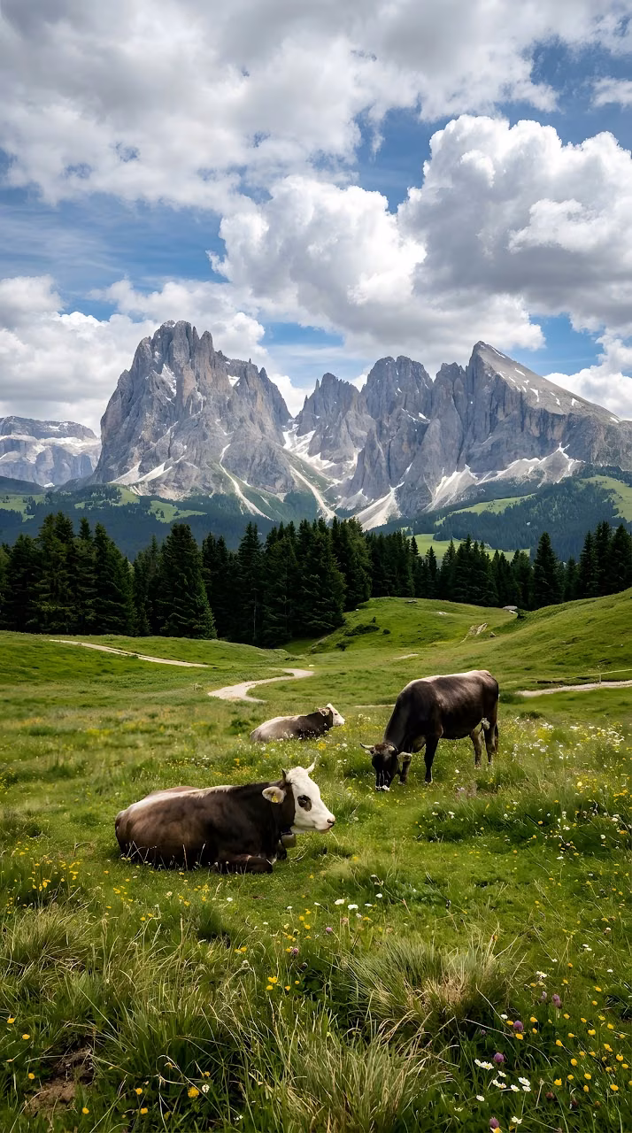 Cows Grazing in a High Altitude Mountain Meadow - Free Mobile AMOLED Wallpaper Background