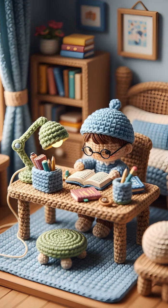 Cozy Amigurumi Crochet Boy Studying at a Tiny Desk - Free Mobile AMOLED Wallpaper Background
